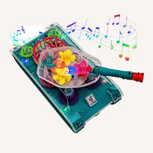 Transparent engine toy tank top view with music and colourful gears